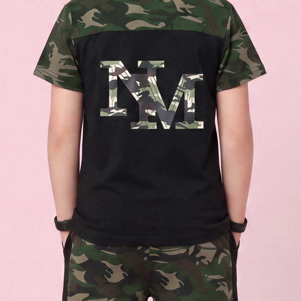 Boys Black Camouflage Print Short Sleeve T-Shirt With Pants Sets 2 pc. Sets