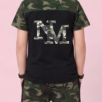Boys Black Camouflage Print Short Sleeve T-Shirt With Pants Sets 2 pc. Sets