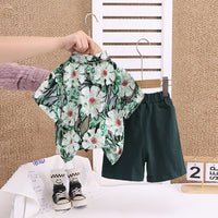 Boys Green Floral Printed Shirt With Neck Tie And Shorts Set Sets