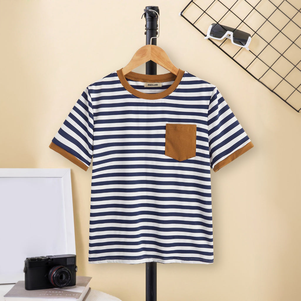 Boys Black Short Sleeves Blue And White Striped T-Shirt Tshirts Black 7-8 Y