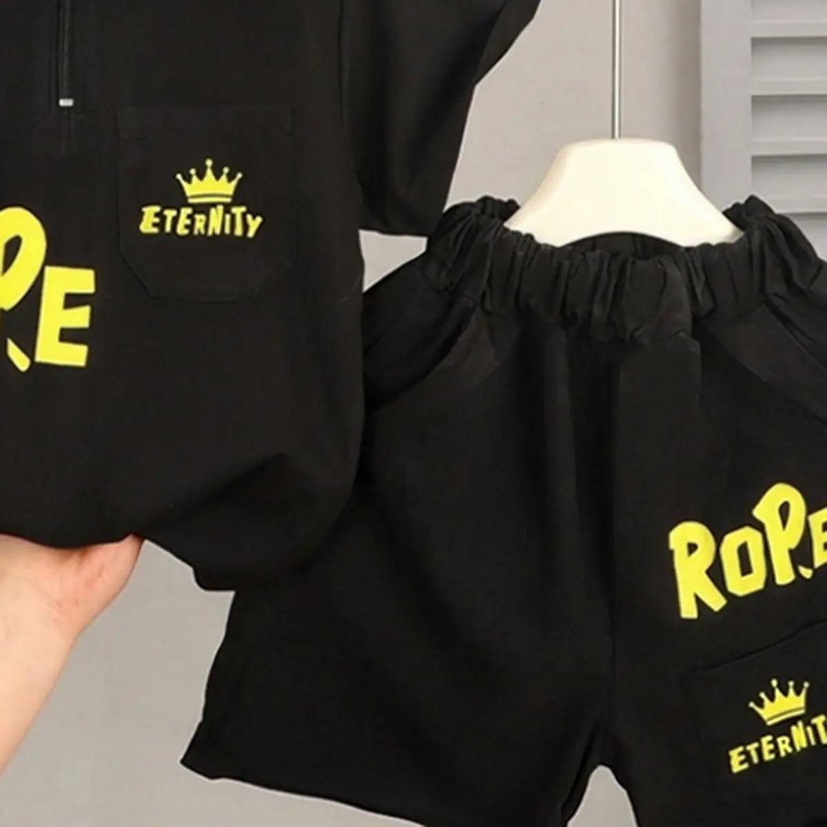 Boys Black Typographic Printed Short Sleeve T-Shirt With Elasticated Shorts Sets 2 pc. Sets
