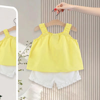 Girls Yellow Flower Applique Top With Shorts Sets Sets