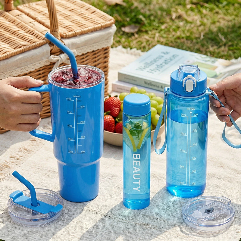 Blue 3-in-1 Hydration Bottle Set - Tumbler, Sports & Slim Trending Accessories