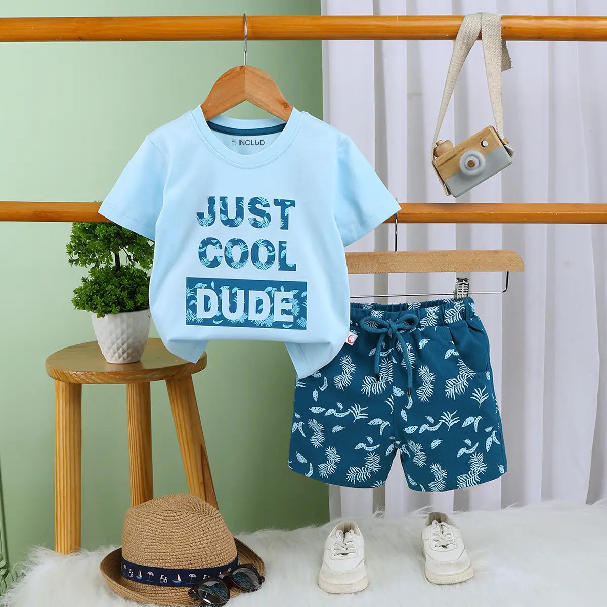 Boys Sky Blue Typographic Printed Short Sleeves T-Shirt With Pinted Drawstring Shorts Sets Sets Sky Blue 6-12 M