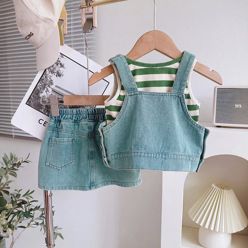 Girls Blue Typography Print Denim Vest With Striped Top And Skirt Sets 3 pc. Sets