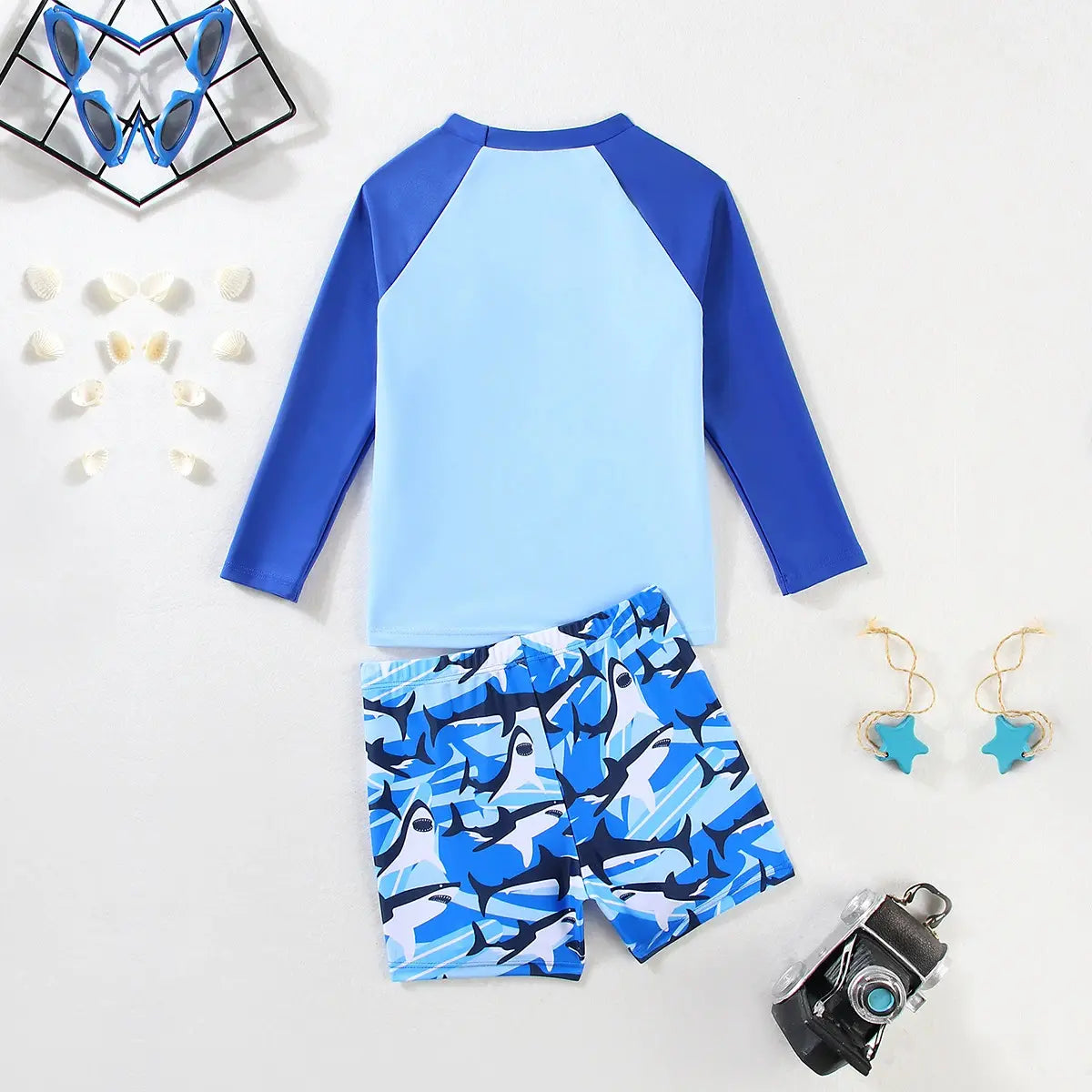 Boys Light Blue Graphics Long Sleeves T-Shirt & Shorts Swimsuit Sets Sets