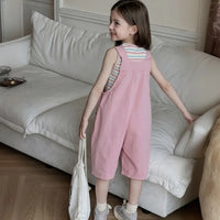 Girls Pink Striped Tank Top With Dungaree Sets Sets
