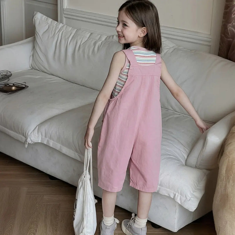 Girls Pink Striped Tank Top With Dungaree Sets Sets
