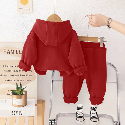 Boys Red Letters Embroidered Fleece Hooded Zipper Jacket With Jogger Co-ord Sets Sets