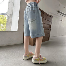 Girls Light Blue Pearl Embellished Relaxed Fit Denim Shorts Shorts