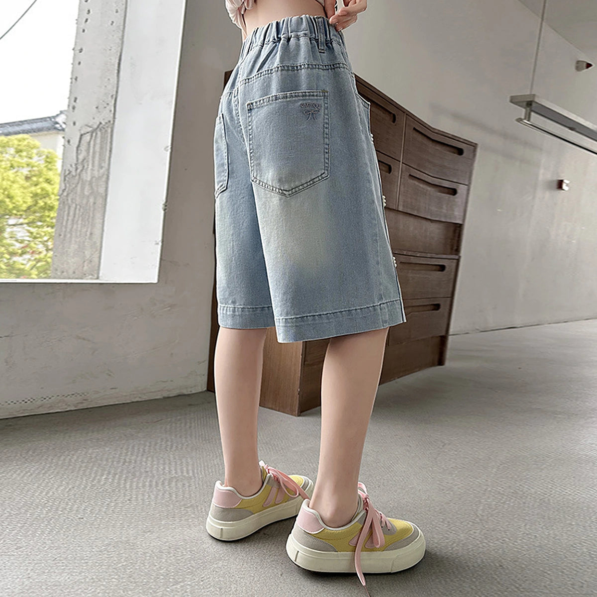 Girls Light Blue Pearl Embellished Relaxed Fit Denim Shorts Shorts