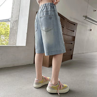 Girls Light Blue Pearl Embellished Relaxed Fit Denim Shorts Shorts