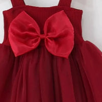Girls Maroon Sleeveless Tulle Overlay Fit & Flare Dress With Bow Detail Casual Dresses