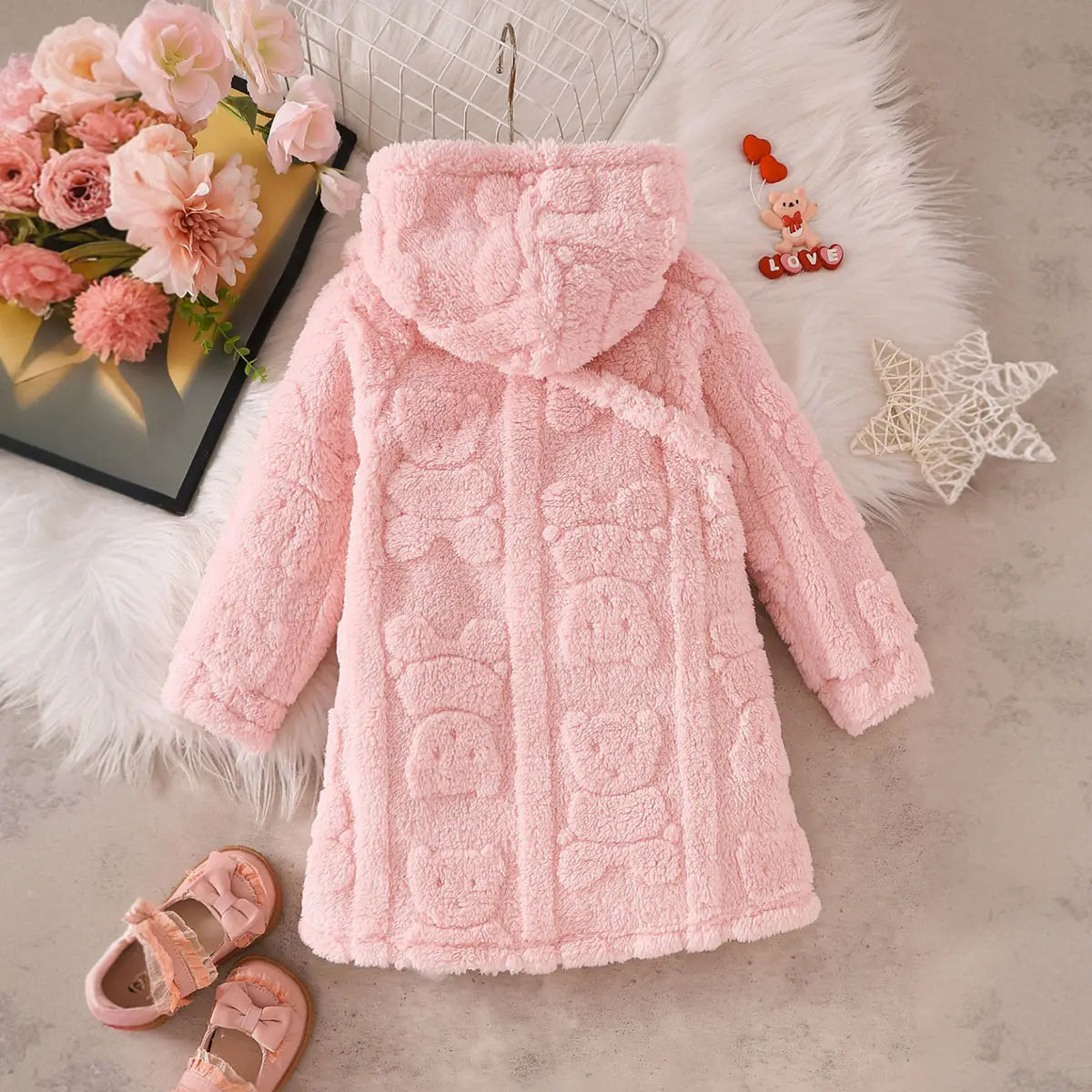 Girls Pink Self-Design Hooded A-line Dress With Sling Bag Casual Dresses
