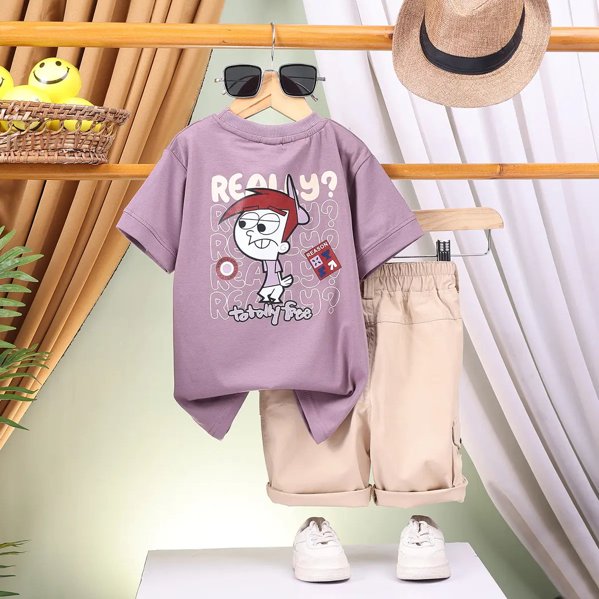 Boys Purple Graphics Short Sleeve T-Shirt With Elasticated Shorts Sets 2 pc. Sets