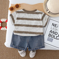 Boys Brown Alphanumeric Print T-Shirt With Denim Shorts Set Sets