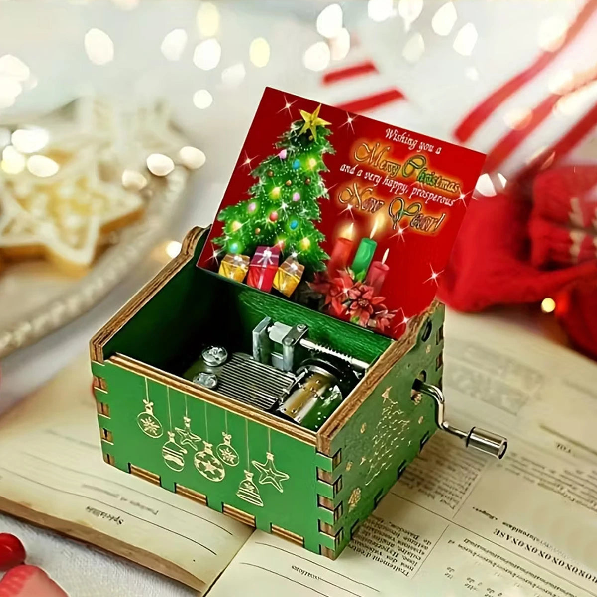 Kids Green Wooden Hand-Crank Christmas Music Box Trending Accessories
