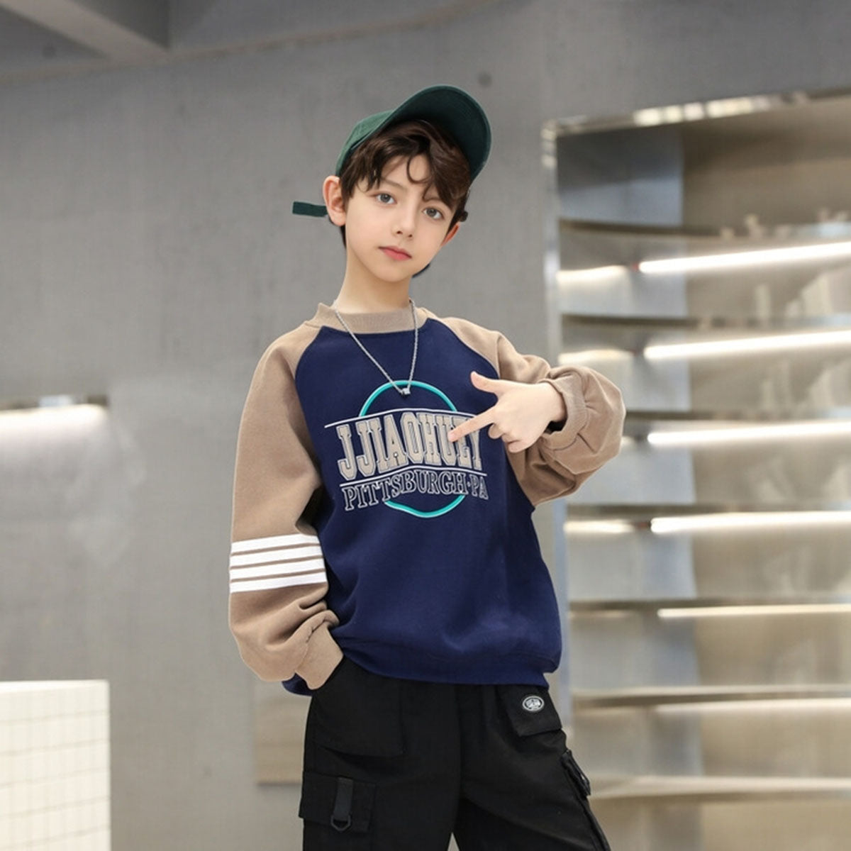 Boys Navy Blue Typographic Printed Raglan Sleeves Winter Sweatshirt Sweatshirts & Hoodies