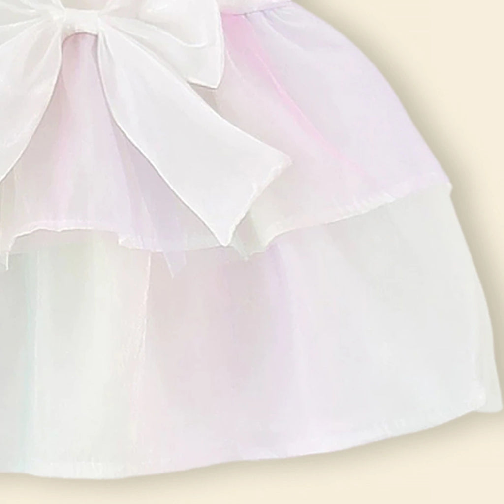 Girls White Rainbow Print Bow Applique Sleeveless Layered Dress Casual Dresses
