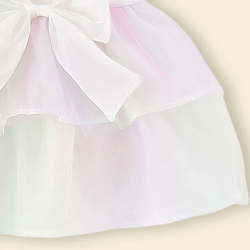 Girls White Rainbow Print Bow Applique Sleeveless Layered Dress Casual Dresses