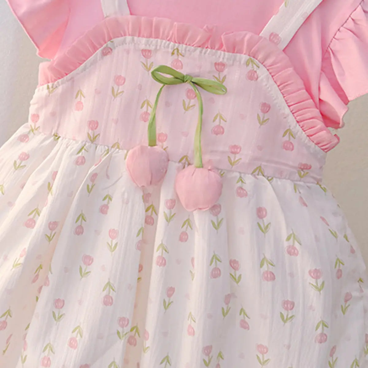 Girls Light Pink Floral Printed Short Sleeve Balloon Dress Casual Dresses