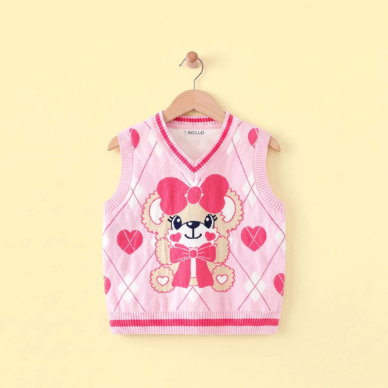 Girls Pink Bear Jacquard Sweater Vest Sweaters & Cardigans Pink 2-3 Y
