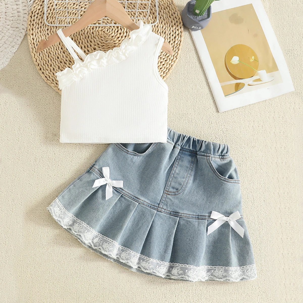 Girls White Ruffles One Shoulder Top With Pleated Denim Skirts Set Sets White 2-3 Y
