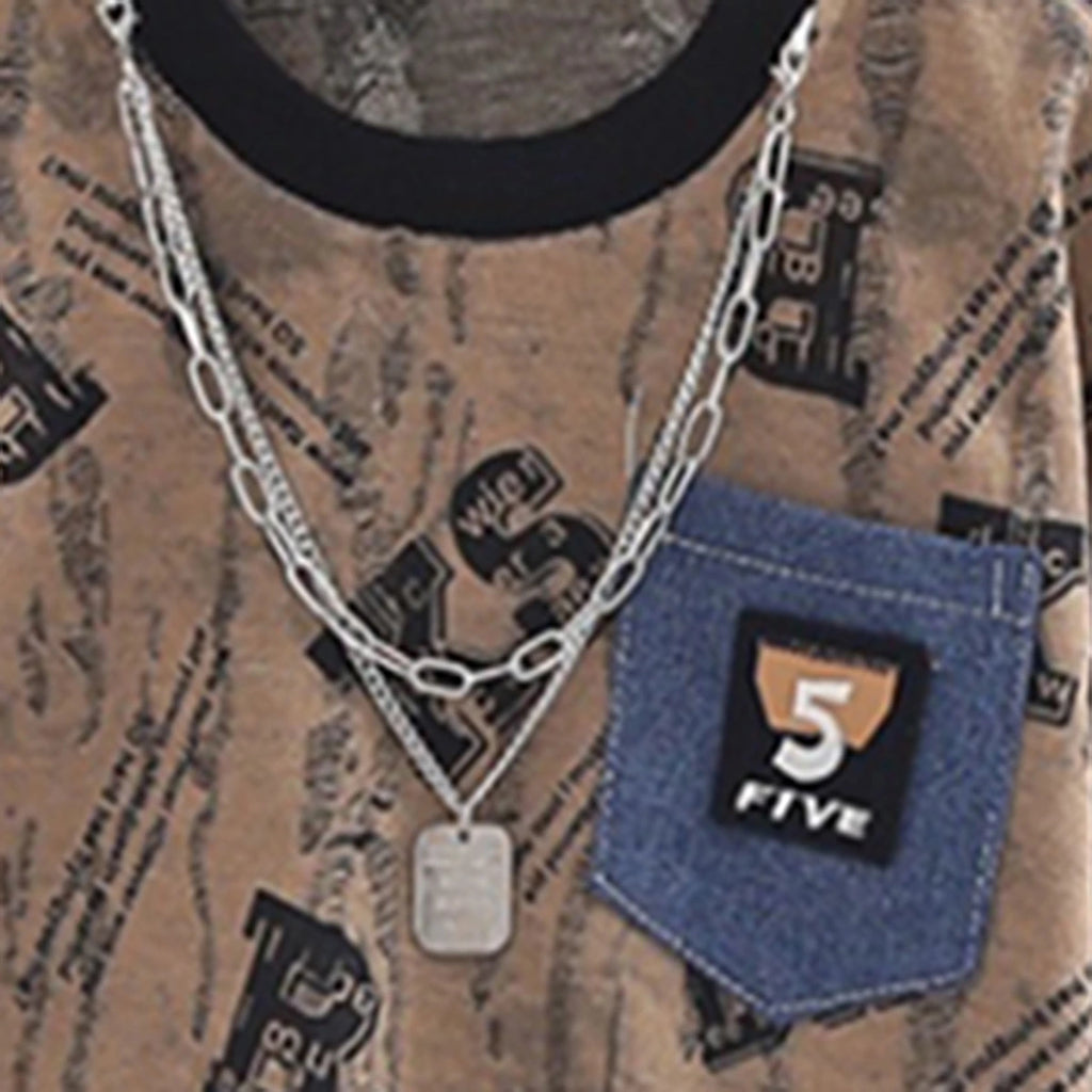 Boys Brown Typographic Print T-Shirt With Denim Shorts Set Sets
