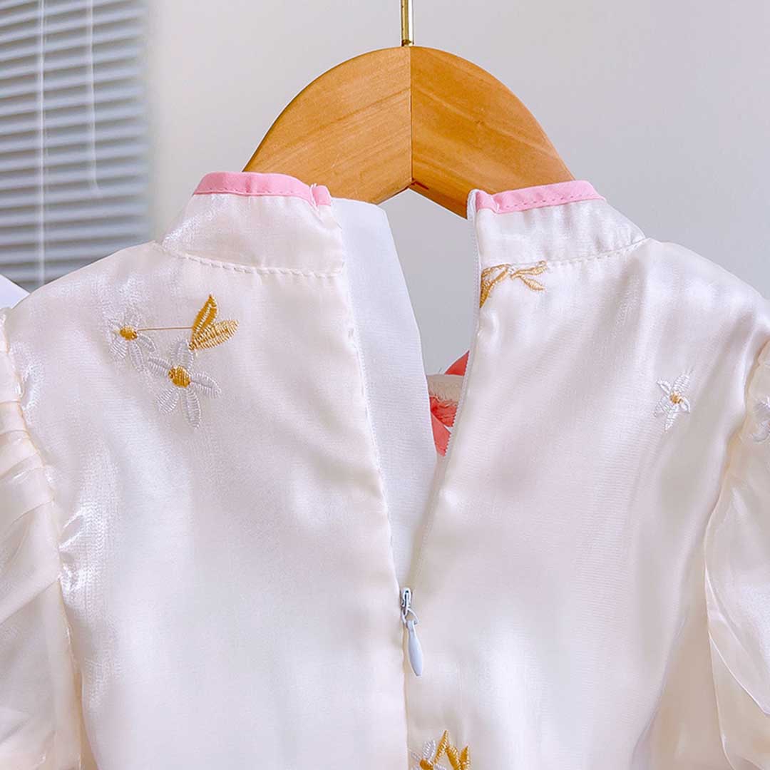 Girls Short Sleeve Floral Embroidery Top With Skirt Sets   