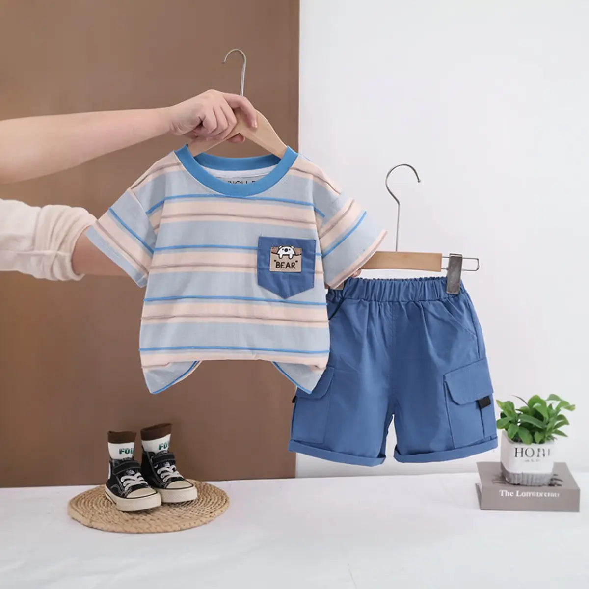 Boys Blue Bear Pocket Striped T-Shirt With Cargo Shorts Sets 2 pc. Sets Blue 1-2 Y