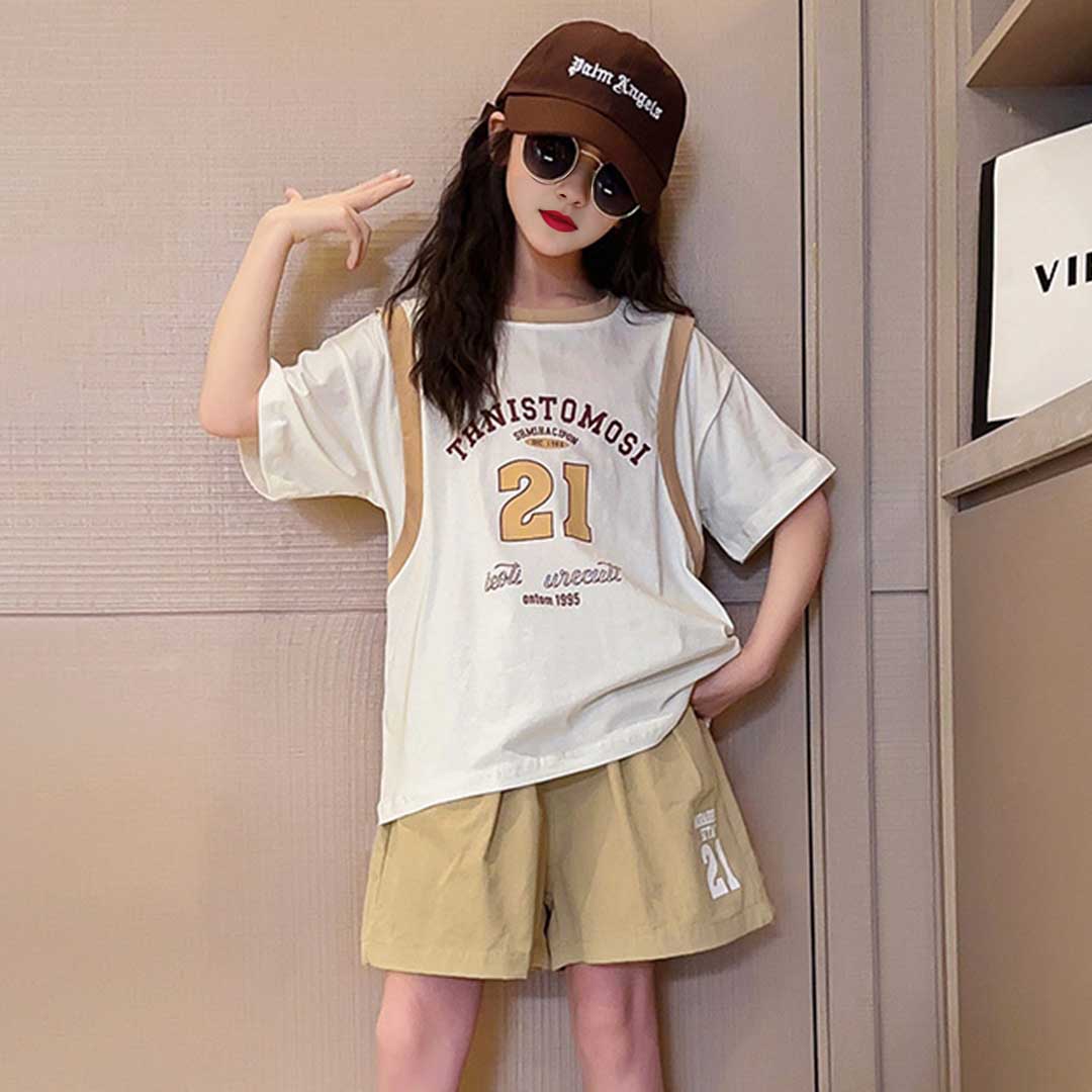 Girls Short Sleeve Typography Print T-Shirt With Shorts Set 2 pc. Sets   