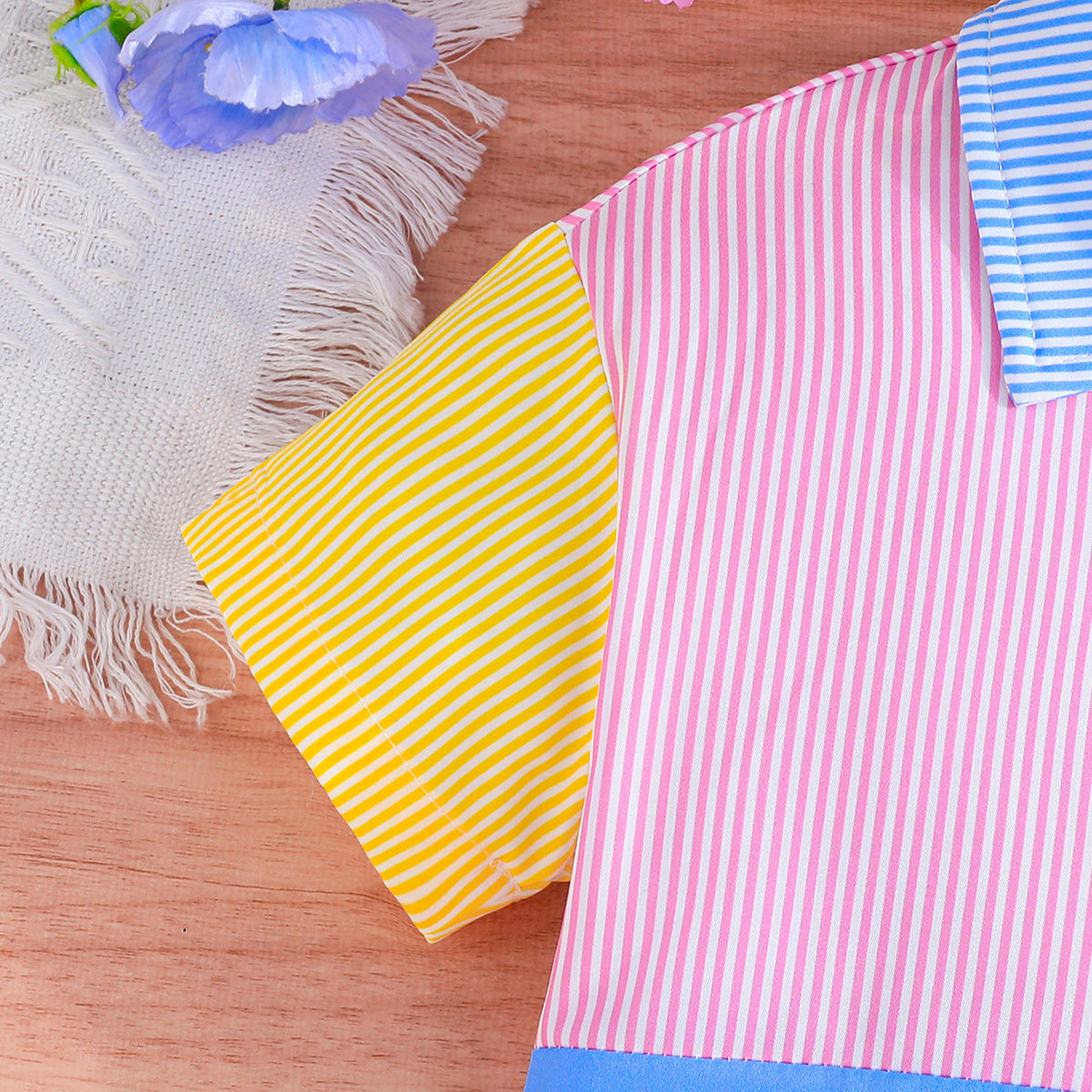 Girls Striped Colorblocked Shirt with Shorts Set Sets