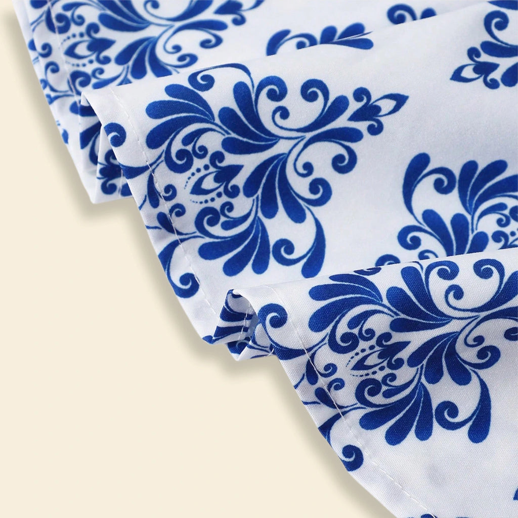 Girls Blue Damask Print Smocked Fit & Flare Dress Casual Dresses