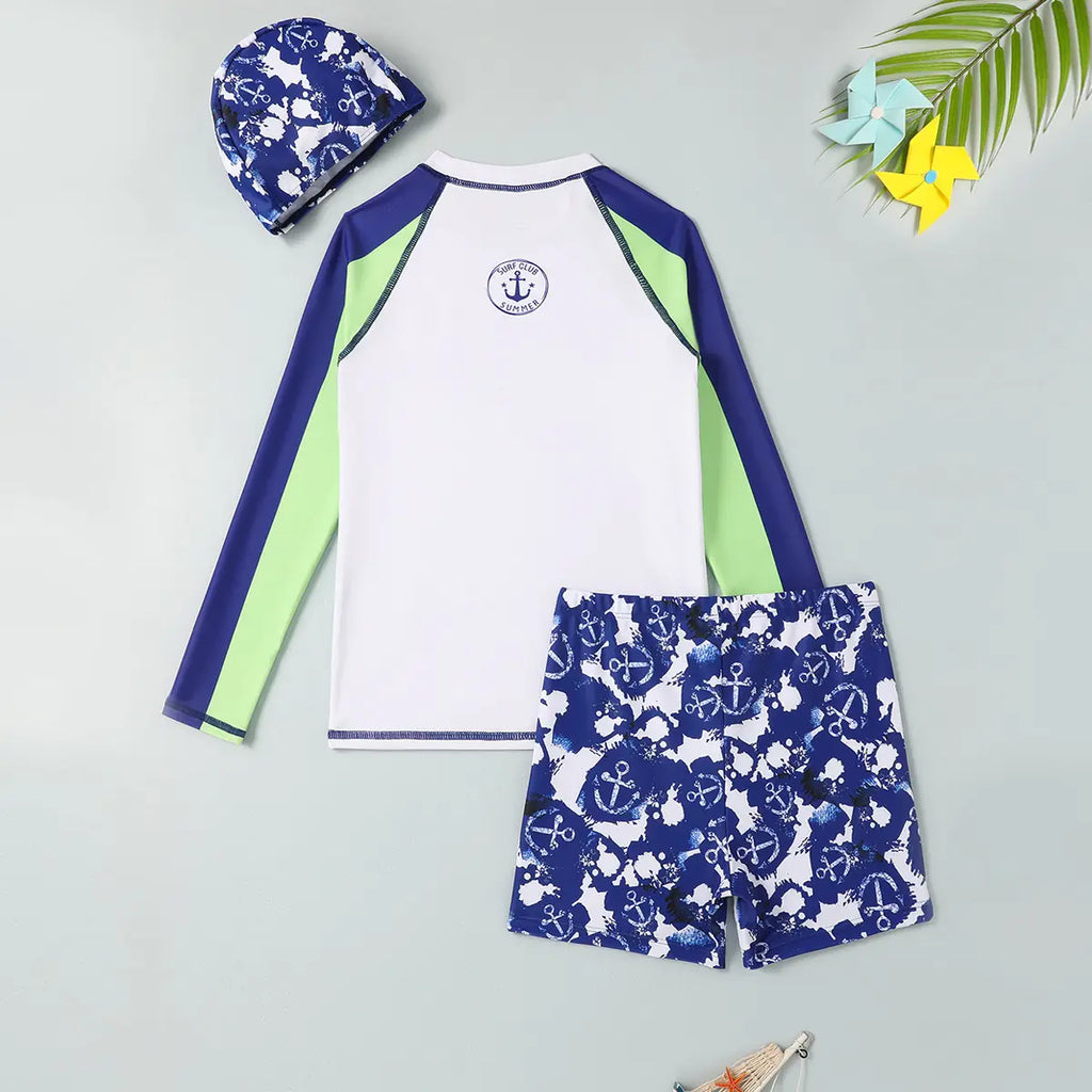 Boys White Long Sleeves T-Shirt With Printed Shorts Swimwear Sets Beachwear