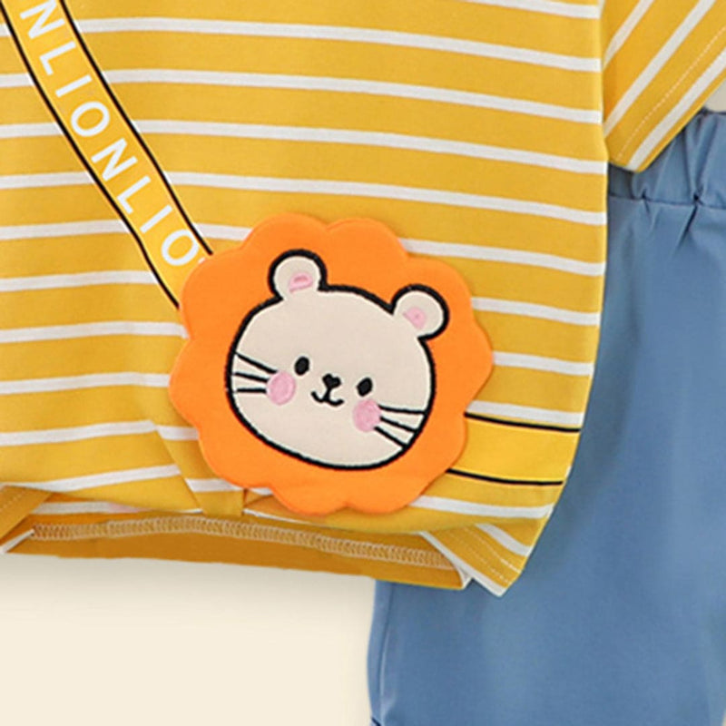 Boys Yellow Striped Lion Applique T-Shirt With Denim Shorts Sets   