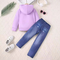 Girls Purple Graphics Printed Hooded Sweatshirt With Denim Pant Sets Sets