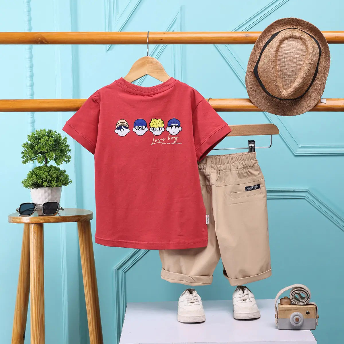 Boys Red Printed Short Sleeve T-Shirt With Elasticated Shorts Sets 2 pc. Sets