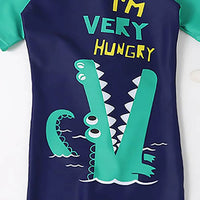 Boys Navy Blue Typographic Print Swimwear Bodysuit With Swim Cap Beachwear