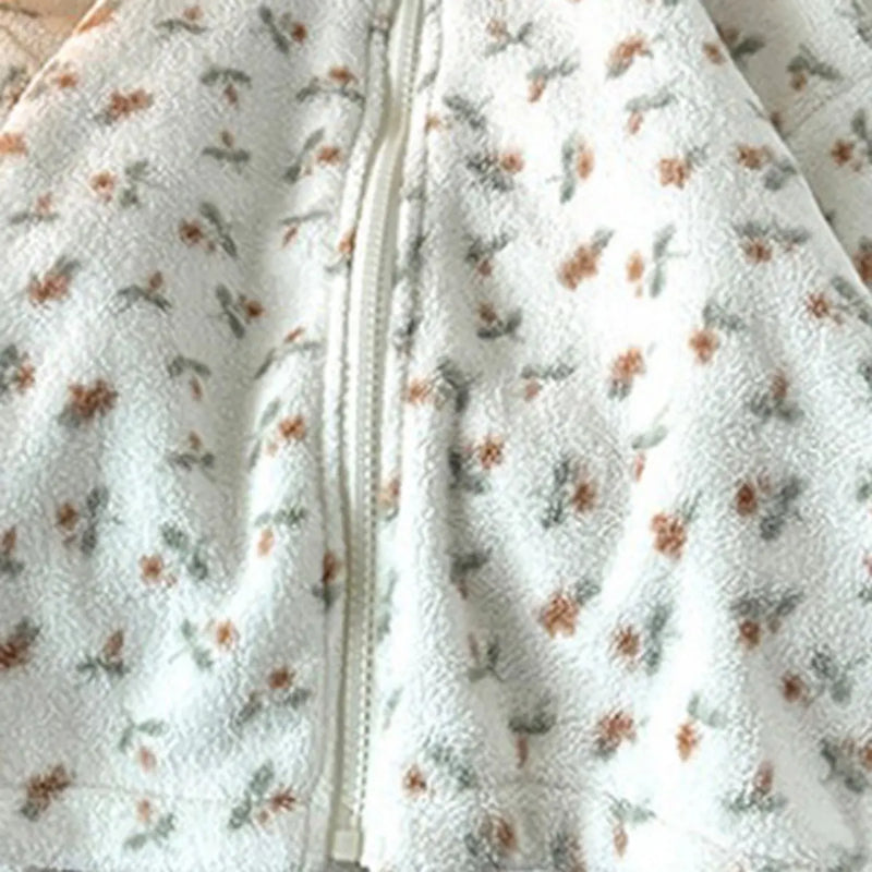 Girls Off White Fleece Floral Printed Zip-up Jacket With Pants Co-ord Sets Sets