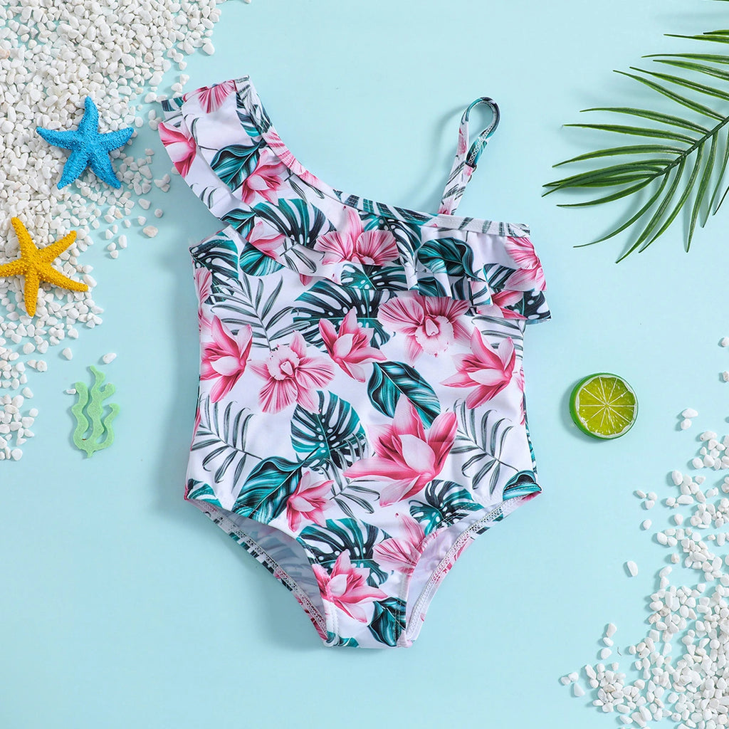 Girls White Tropical Printed One Shoulder Swimwear Bodysuit Beachwear White 1-2 Y