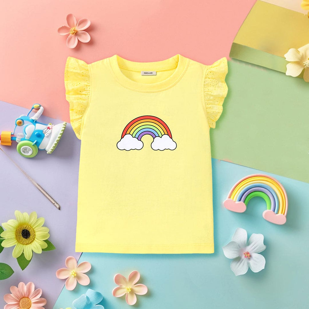 Girls Rainbow Print Flutter Sleeves T-Shirt
