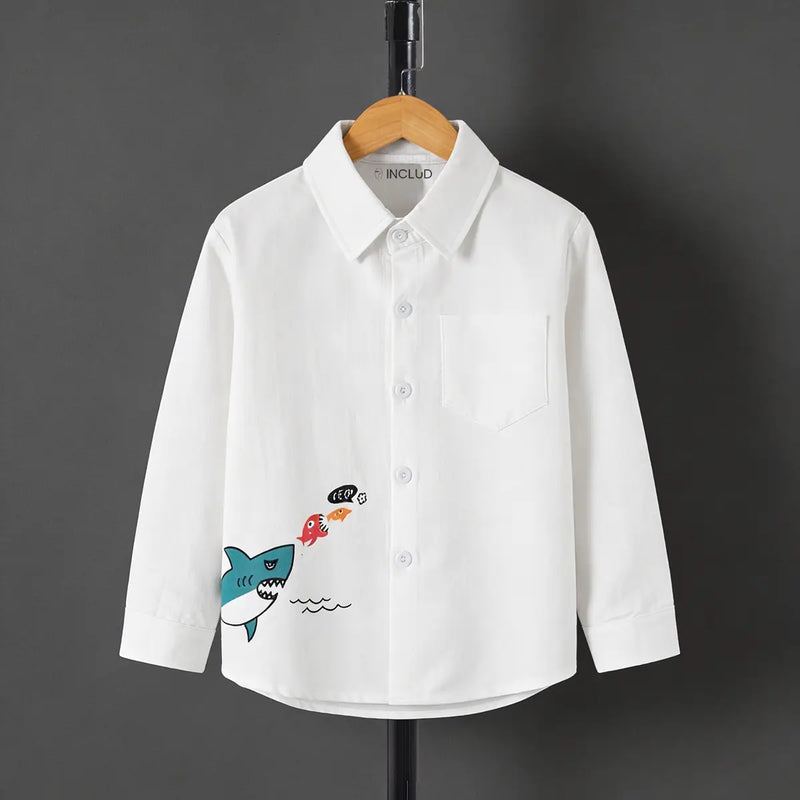 Boys White Shark Graphic Long Sleeve Shirt Shirts White 1-2 Y