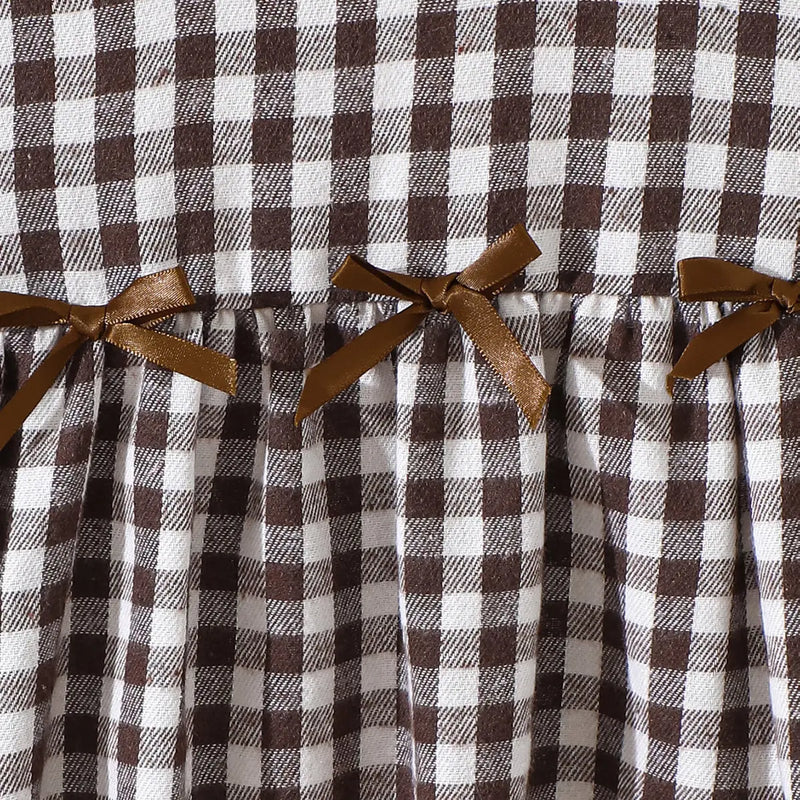 Girls Multicolor Checked Bow Long Sleeves A-line Dress Casual Dresses