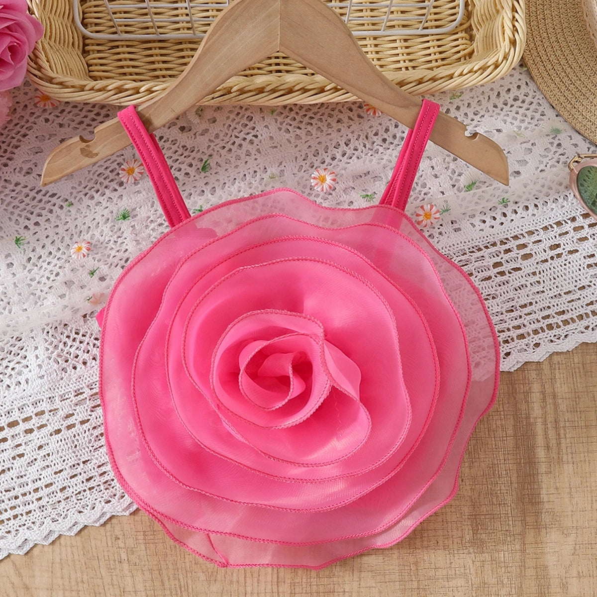 Girls Pink 3D Flower Applique Crop Top With Denim Shorts Set Sets