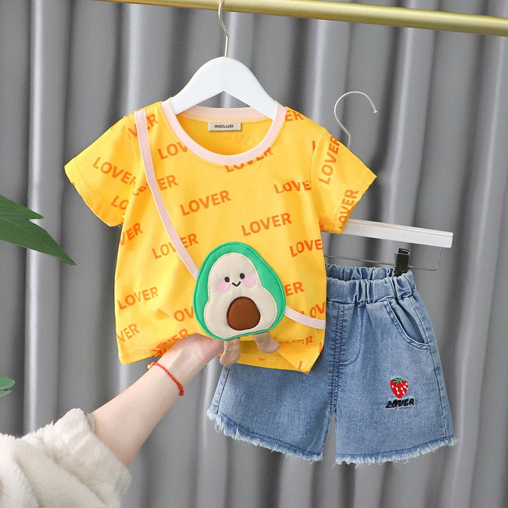 Girls Yellow Strawberry Applique T-Shirt With Denim Shorts Sets Yellow 1-2 Y 