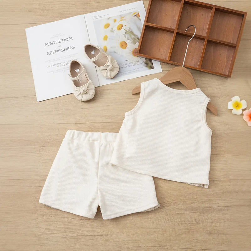 Girls Apricot 3D Flowers Applique Sleeveless Top With Shorts Set Sets