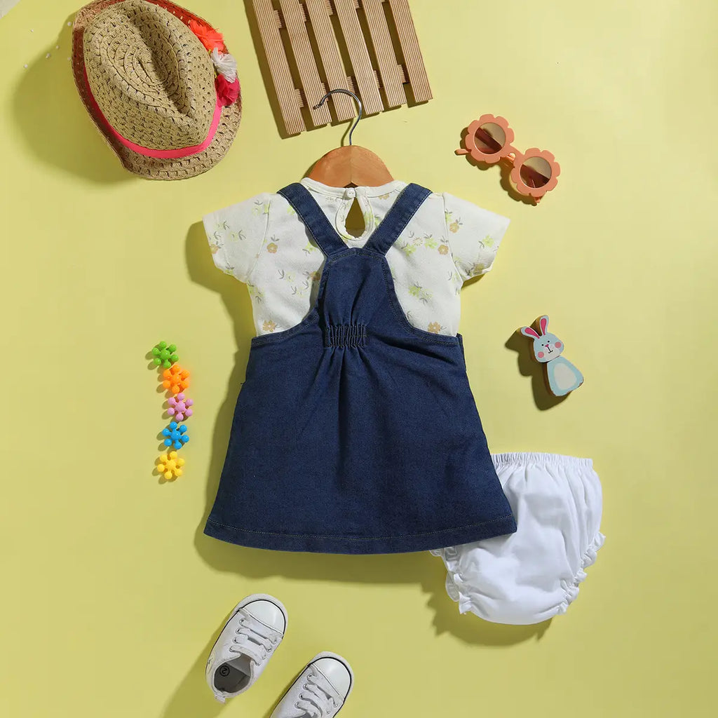 Girls Yellow Applique Printed T-Shirt With Denim Dungaree and Diaper Cover Sets 3 pc. Sets