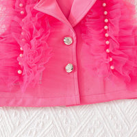 Girls Fuchsia Embellished Ruffled Blazer Vest With Pleated Skirt & Camisole Top Sets Sets