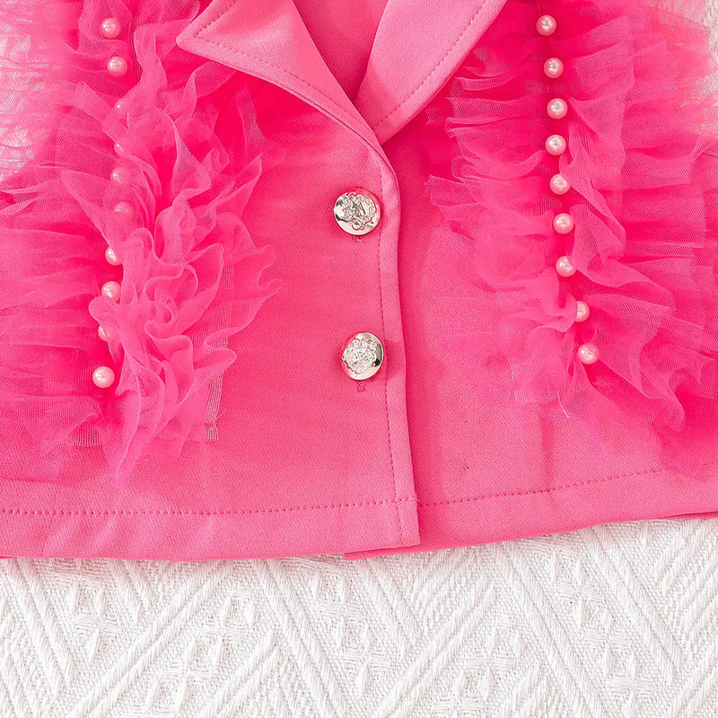 Girls Fuchsia Embellished Ruffled Blazer Vest With Pleated Skirt & Camisole Top Sets Sets