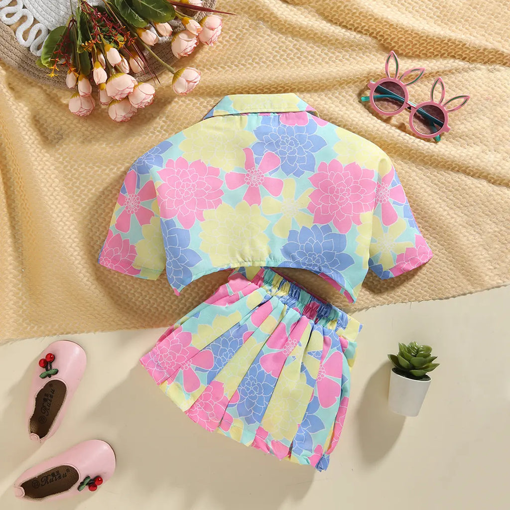 Girls Pink Floral Short Sleeve Top With Pleated Skirts Sets 2 pc. Sets